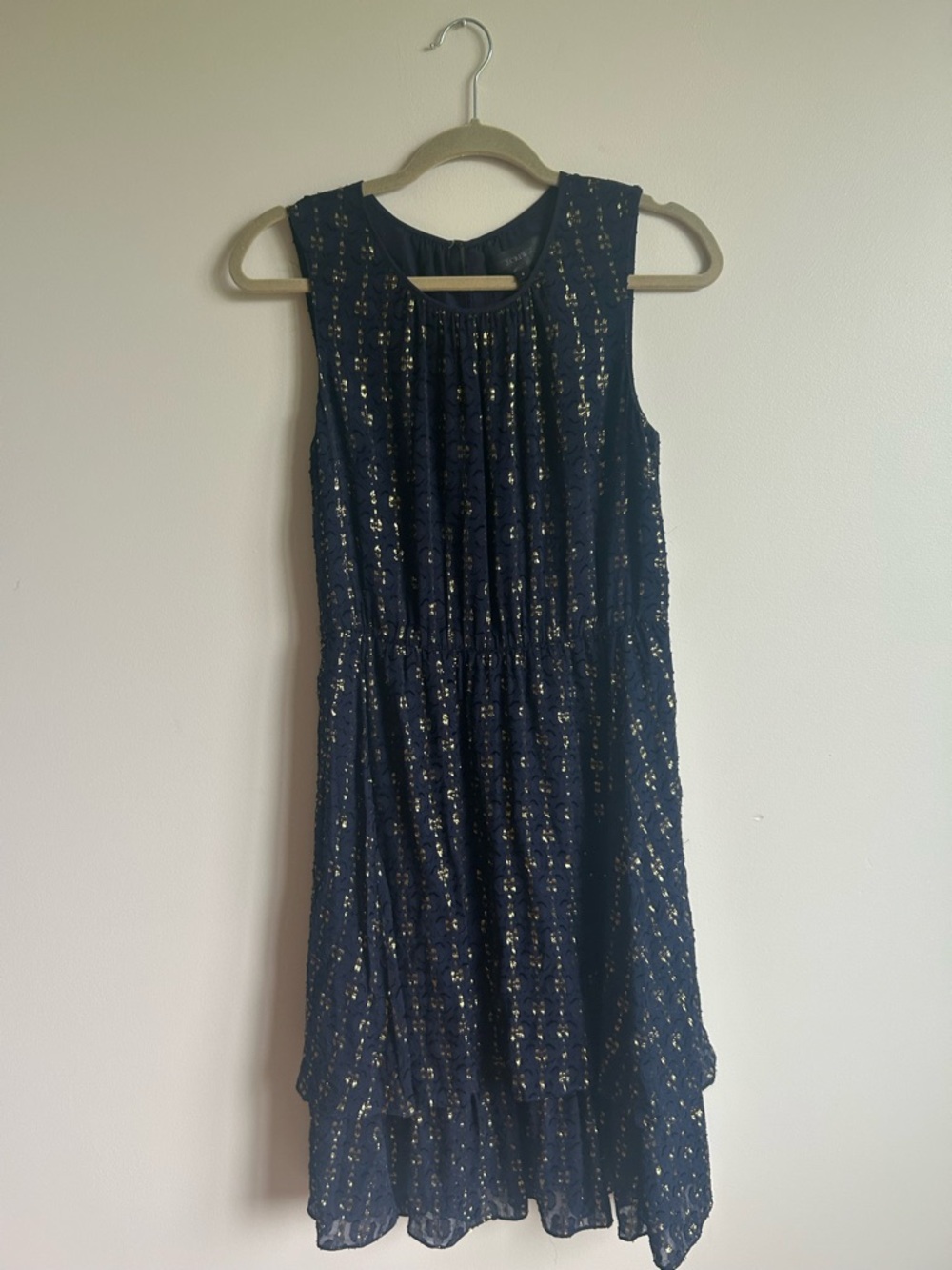 J.Crew Navy & Gold Metallic Fil Coupé Tiered Cocktail Dress - Size 6